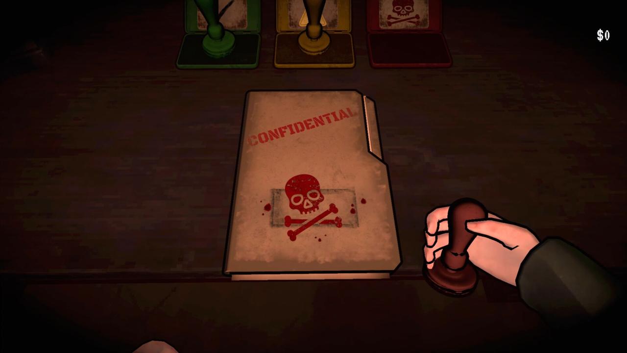 A confidential folder stamped with a skull sits on the inspection desk.