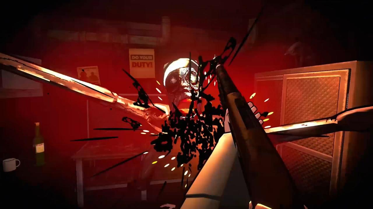 A rifle shot sprays black ichor across the red-lit booth.