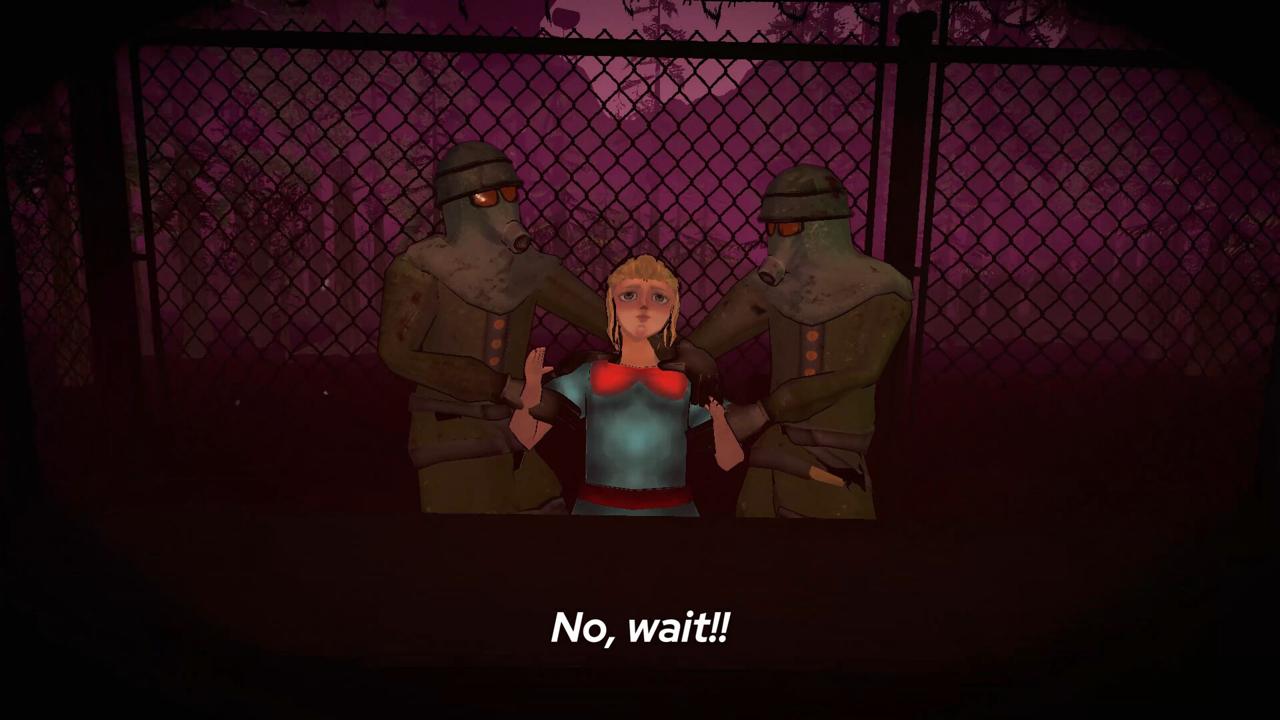 Two soldiers in gas masks drag a pleading woman away under violet light.