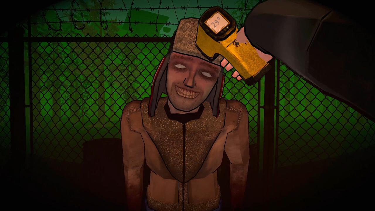 A grinning, hollow-eyed man in a fur hat is scanned with a yellow Geiger counter at a fenced checkpoint.