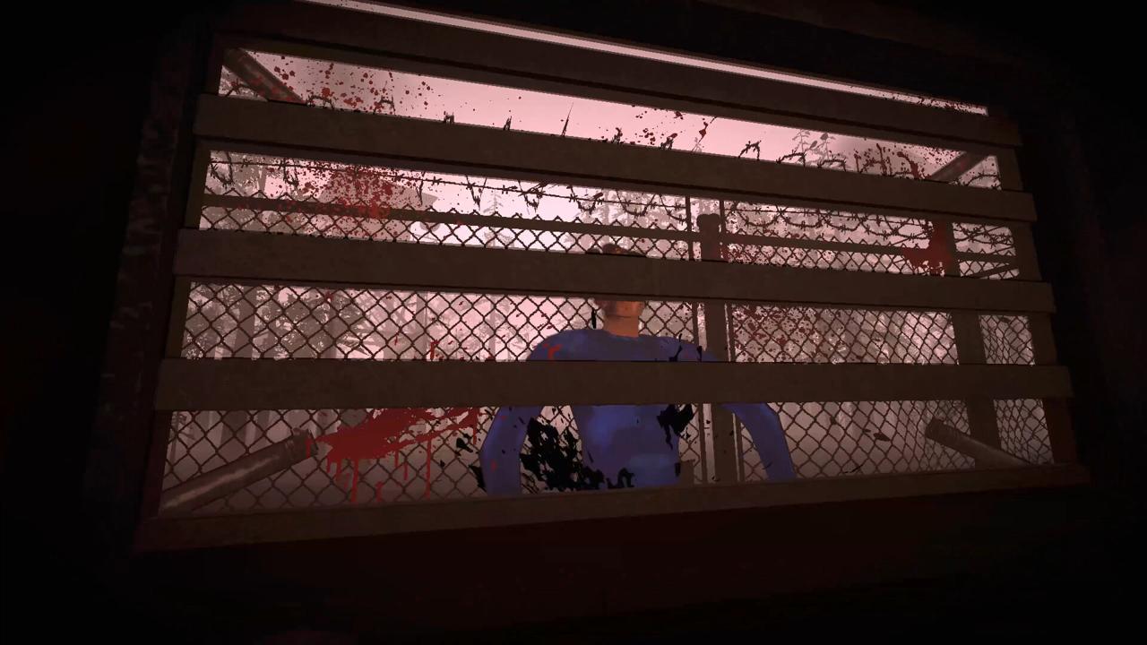 A blood-spattered figure waits behind a half-open metal shutter.